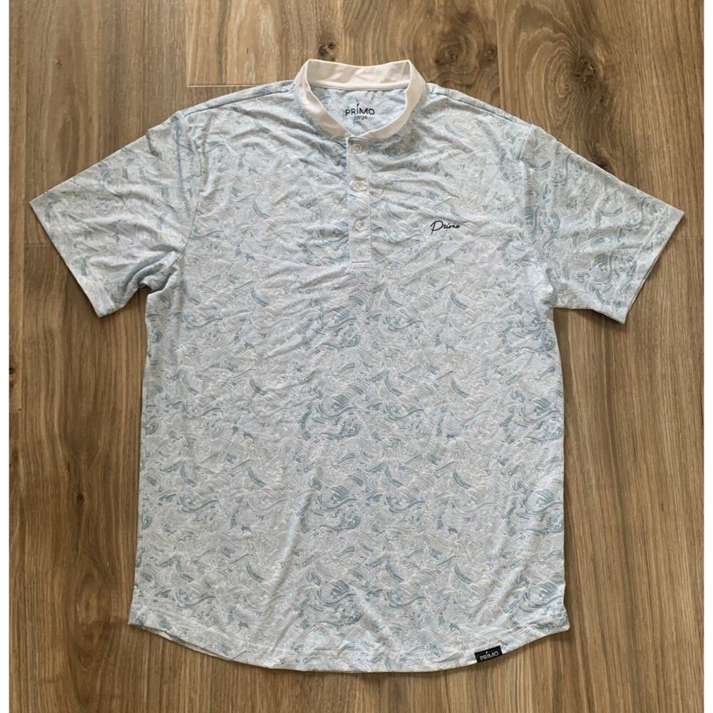 PRIMO Polo Shirt Mens L Blue White Waves Print Blade Collar Performance Golf